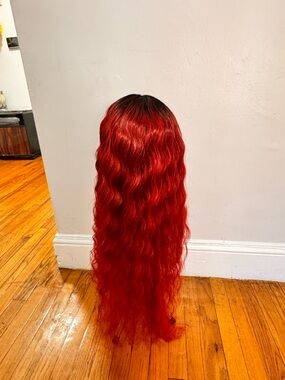 Stunning Long Wavy Red Synthetic Wig with Bangs  Vibrant & Ready-to-Wear 28inch